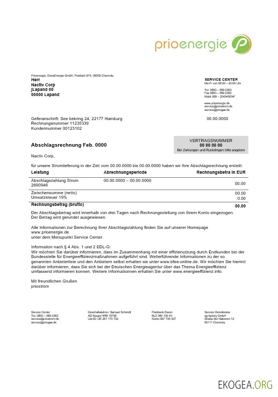 Allemagne Preuve d'adresse Prioenergie modèle de facture de services publics aux formats Word et PDF